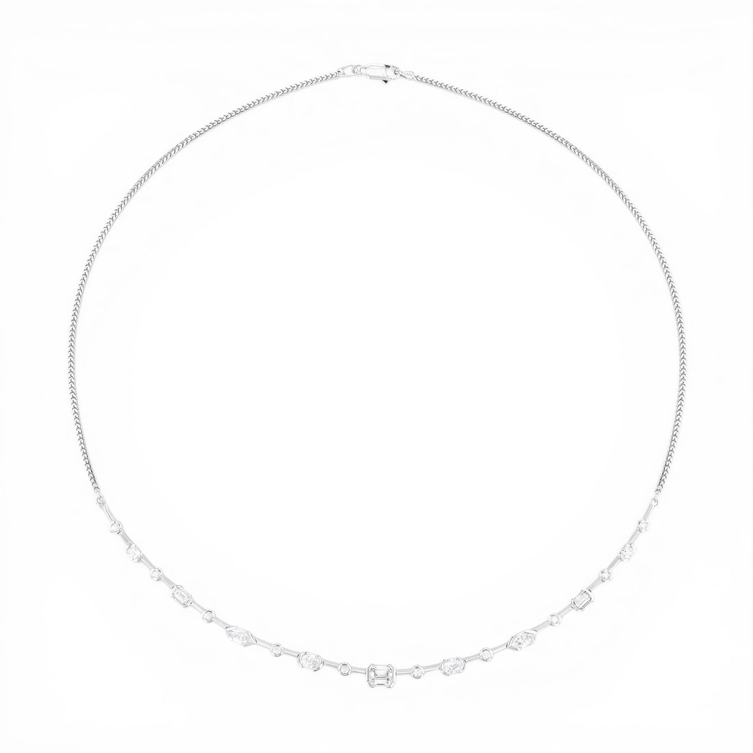 Duchess 2.78 ctw Multishape Diamond Bar 18K White Gold Necklace: Rare and radiant, this magnificent Bar necklace featuring Natural Diamonds offers a touch of the extraordinary. Crafted with precision, the Bar Setting is seamlessly integrated into 7.95 grams of 18K 