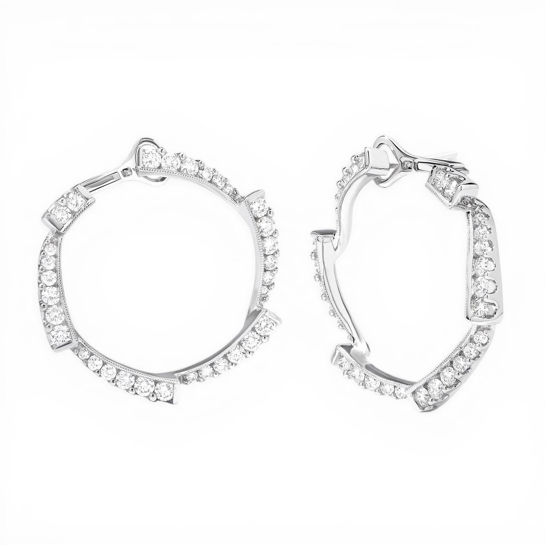 2.53 ctw White Diamond Swirl Hoop 18K White Gold Earrings: Epitomizing grandeur, this breathtaking Swirl Hoop pair of earrings featuring White Diamond stands as a beacon of refined taste. A detailed Shared Prong gallery secures the stones, rendered in 11.0 g 