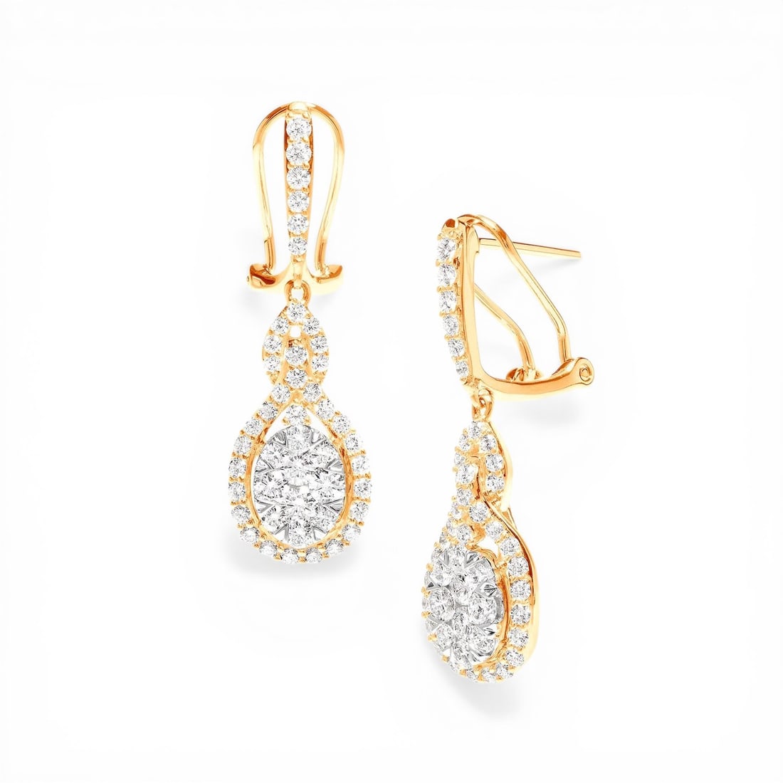 1.87 ctw Diamond Fiori Oval Intertwined Cluster 18K Yellow & White Gold Earrings: Exuding opulence and grace, this exquisite Intertwined Cluster pair of earrings featuring White Diamond is crafted for the distinguished. A detailed Cluster/Halo Drop gallery secures the stones, rende