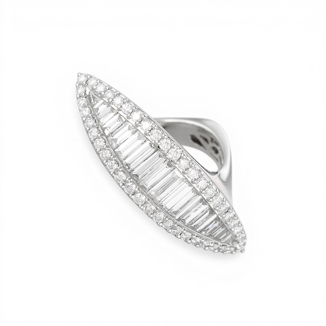 2.34 ctw Baguette and Round Diamond Edgy 18K White Gold Ring: Rare and radiant, this breathtaking Edgy ring featuring Natural Diamonds offers a touch of the extraordinary. A detailed Stylized Marquise Cluster gallery secures the stones, rendered in 12.5 grams of