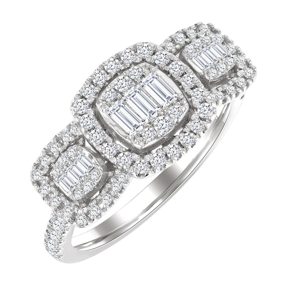0.75 ctw Cushion Fusion Baguette & Round Diamond 14K White Gold Ring: Exuding opulence and grace, this elegant Fusion ring featuring White Diamond is crafted for the distinguished. Crafted with precision, the Three-Stone setting is seamlessly integrated into 3.9 grams o