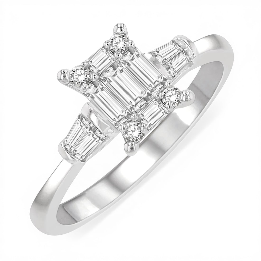 0.57 ctw Baguette Diamond Rectangular Head 14K White Gold Ring: Epitomizing grandeur, this stunning Rectangular Head ring featuring White Diamonds stands as a beacon of refined taste. Crafted with precision, the Cluster setting is seamlessly integrated into 3.4 gr