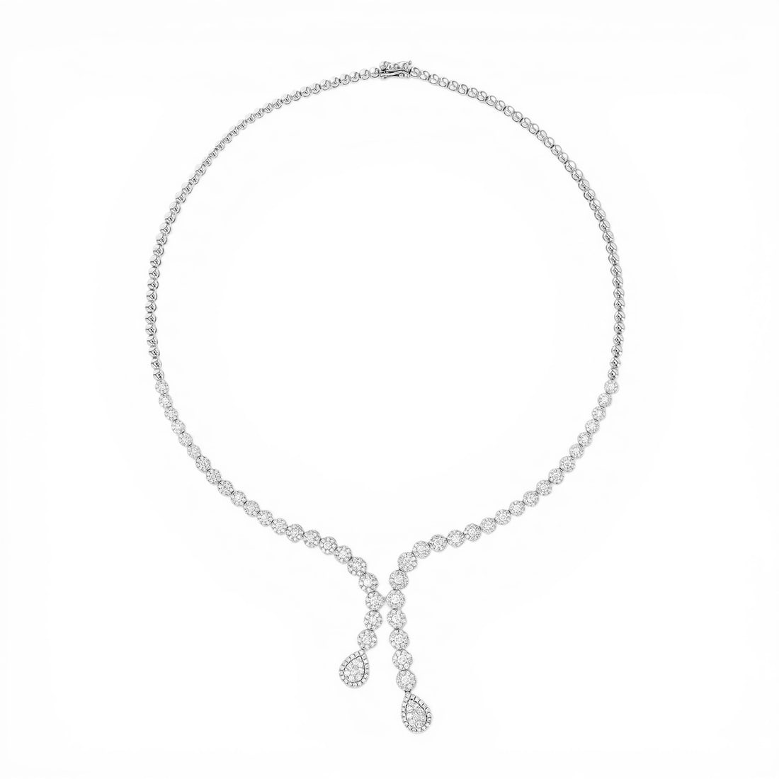 5.92 ctw Diamond Fiori Cluster Lariat 18K White Gold Necklace: Epitomizing grandeur, this magnificent Lariat Cluster necklace featuring White Diamond stands as a beacon of refined taste. A detailed Cluster gallery secures the stones, rendered in 28.0 grams of lus