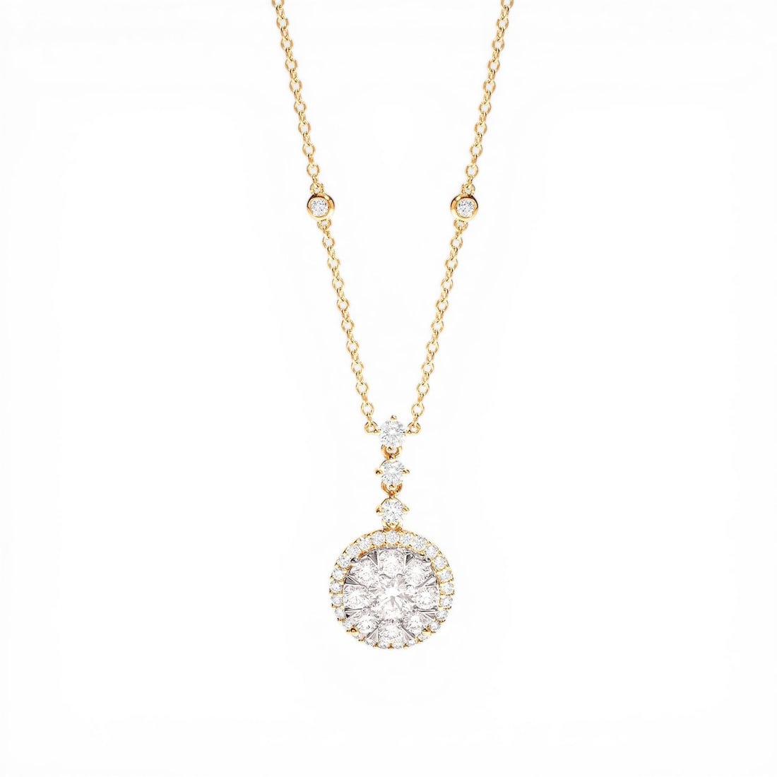 2.35 ctw Diamond Cluster Drop 18K Yellow & White Gold Pendant: An exquisite masterpiece of haute joaillerie, this stunning Halo Cluster Drop pendant featuring White Diamond is a true treasure. Showcasing the gems in a Halo arrangement, the pendant consists of 4.4