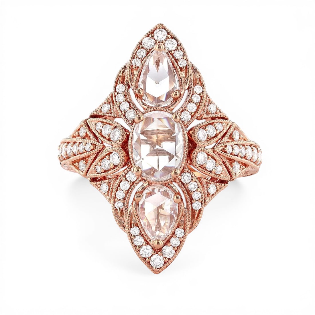 1.96 ctw White Diamond Vintage 18K Rose Gold Ring: Defining modern elegance, this magnificent Vintage ring featuring White Diamond captures the essence of style. Securely held in a classic Three-Stone design, the ring is forged from 8.7 grams of high-