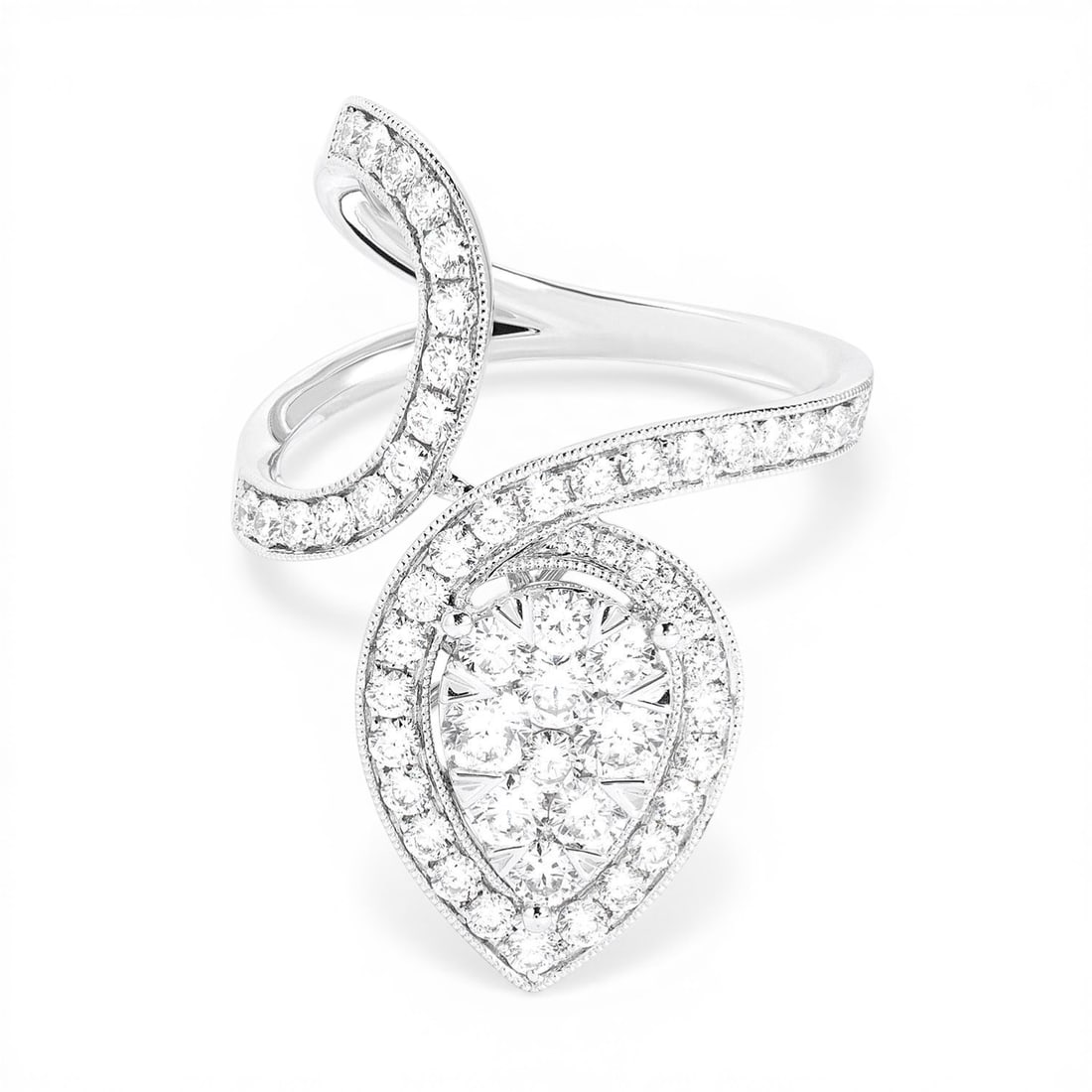 1.61 ctw White Diamond 18K White Gold Cocktail Cluster Ring: An exquisite masterpiece of haute joaillerie, this magnificent Fiori Pear Avant-Garde Cocktail Cluster ring featuring White Diamond is a true treasure. Showcasing the gems in a Bypass arrangement, the