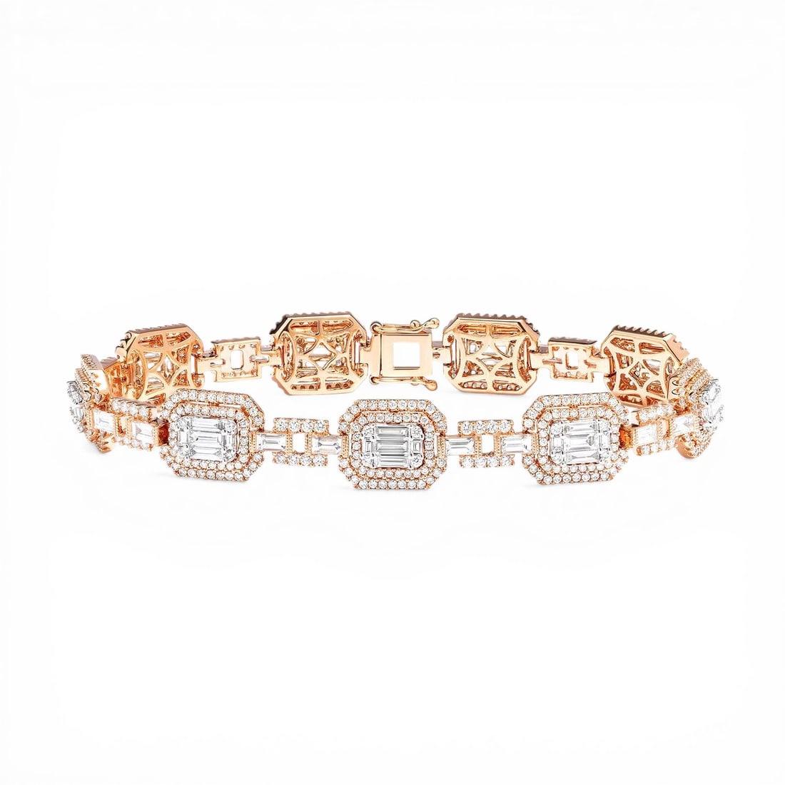Empress 5.23 ctw Baguette Diamond 18K Rose & White Gold Link Bracelet: A symphony of light and color, this magnificent Baguette Link bracelet featuring White Diamond embodies the pinnacle of luxury. The gemstones are nestled within a Halo framework, supported by a substa