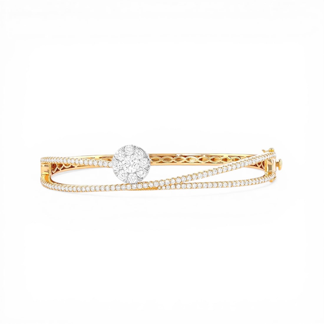 2.0 ctw White Diamond Cluster Bypass 18K Yellow & White Gold Bangle Bracelet: A vision of luxury, this breathtaking Bypass Cluster bangle bracelet featuring White Diamond defines sophistication. Expertly mounted in a Cluster setting, the bangle bracelet is crafted in 21.35 gram