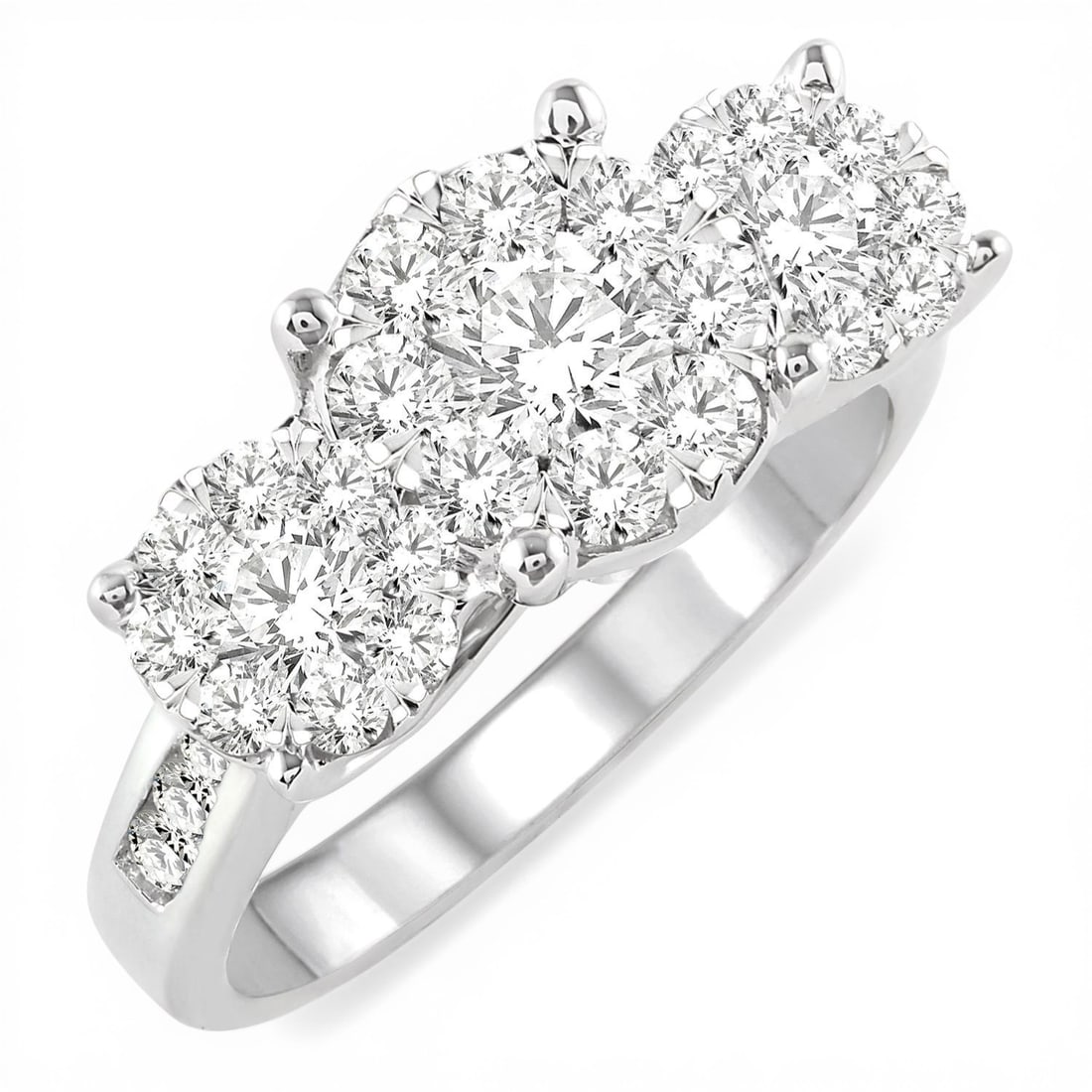 2.01 ctw Cluster Diamond Three Stone 14K White Gold Ring: A symphony of light and color, this exquisite Cluster Three Stone ring featuring White Diamond embodies the pinnacle of luxury. Securely held in a classic Three-Stone Cluster design, the ring is forge