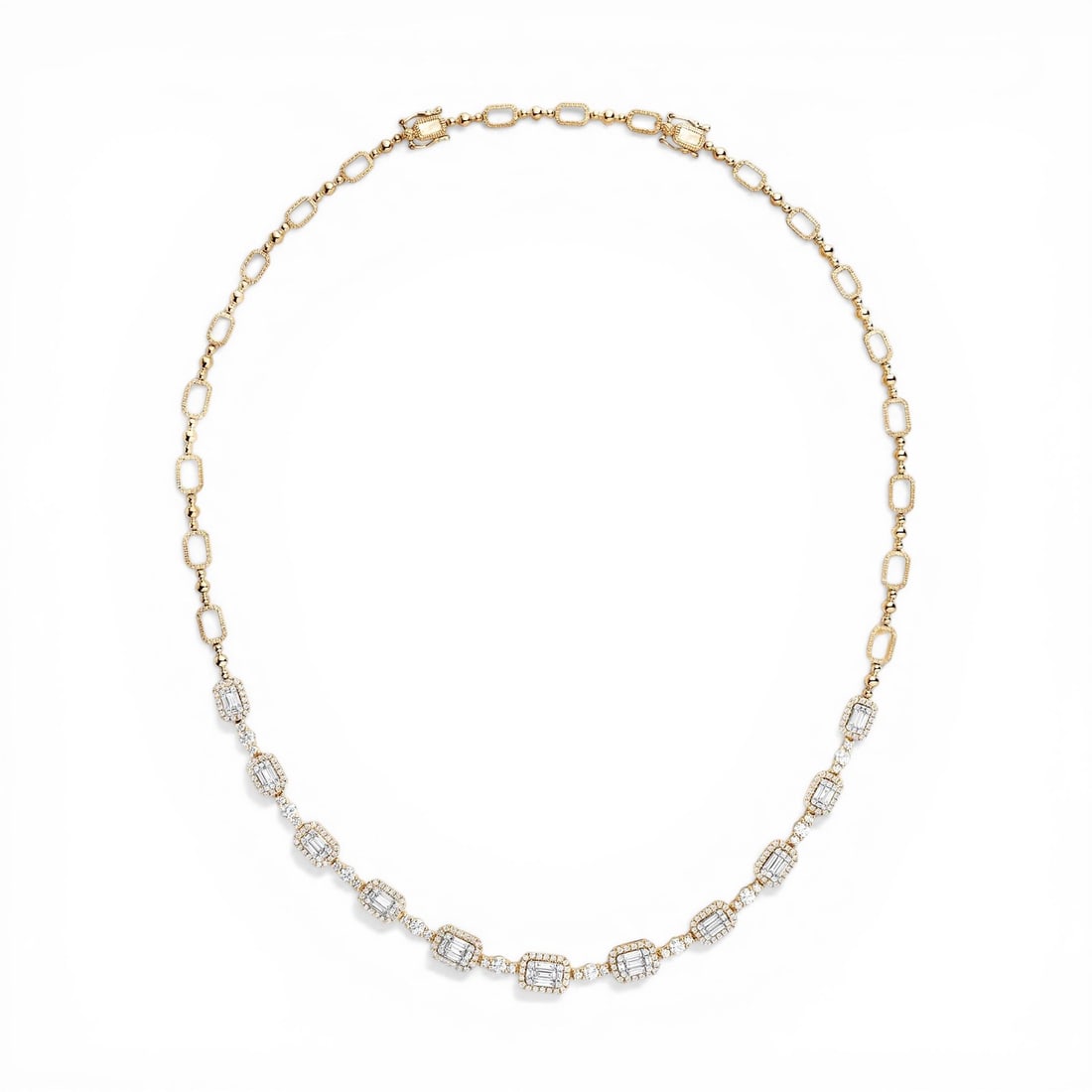 4.09 ctw Baguette & Round Diamond Station 18K Yellow & White Gold Necklace: Epitomizing grandeur, this exquisite Station necklace featuring White Diamond stands as a beacon of refined taste. Showcasing the gems in a Station arrangement, the necklace consists of 29.25 grams of
