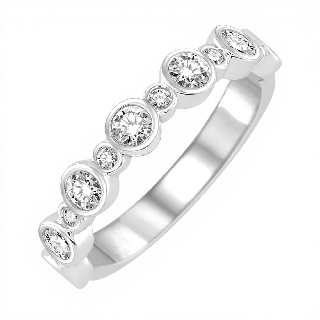 0.72 ctw Round Diamond Stack Band 14K White Gold Ring: A testament to superior craftsmanship, this magnificent Stack Band ring featuring Natural White Diamond is unparalleled. Showcasing the gems in a Bezel Set Band arrangement, the ring consists of 2.9 g
