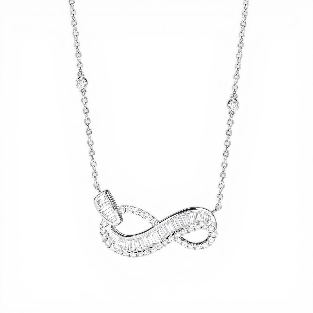 1.73 ctw Baguette & Round Diamond Infinity 18K White Gold Pendant Necklace: A testament to superior craftsmanship, this breathtaking Infinity Love pendant necklace featuring White Diamonds is unparalleled. Crafted with precision, the Mixed Setting setting is seamlessly integr