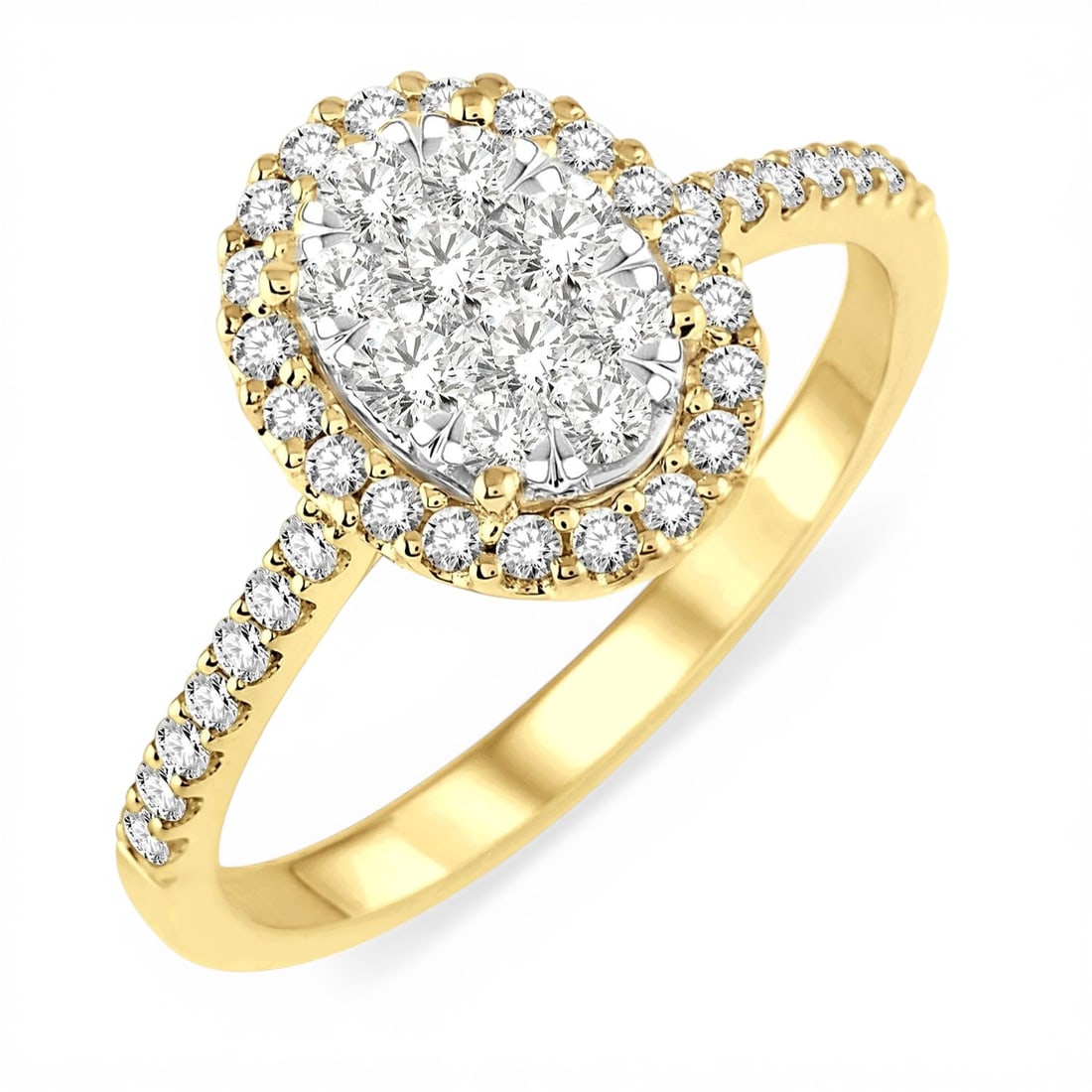 0.74 ctw Oval Cluster Diamond 14K Yellow & White Gold Ring: Defining modern elegance, this elegant Oval Cluster ring featuring White Diamond captures the essence of style. Securely held in a classic Cluster design, the ring is forged from 3.15 grams of high-po
