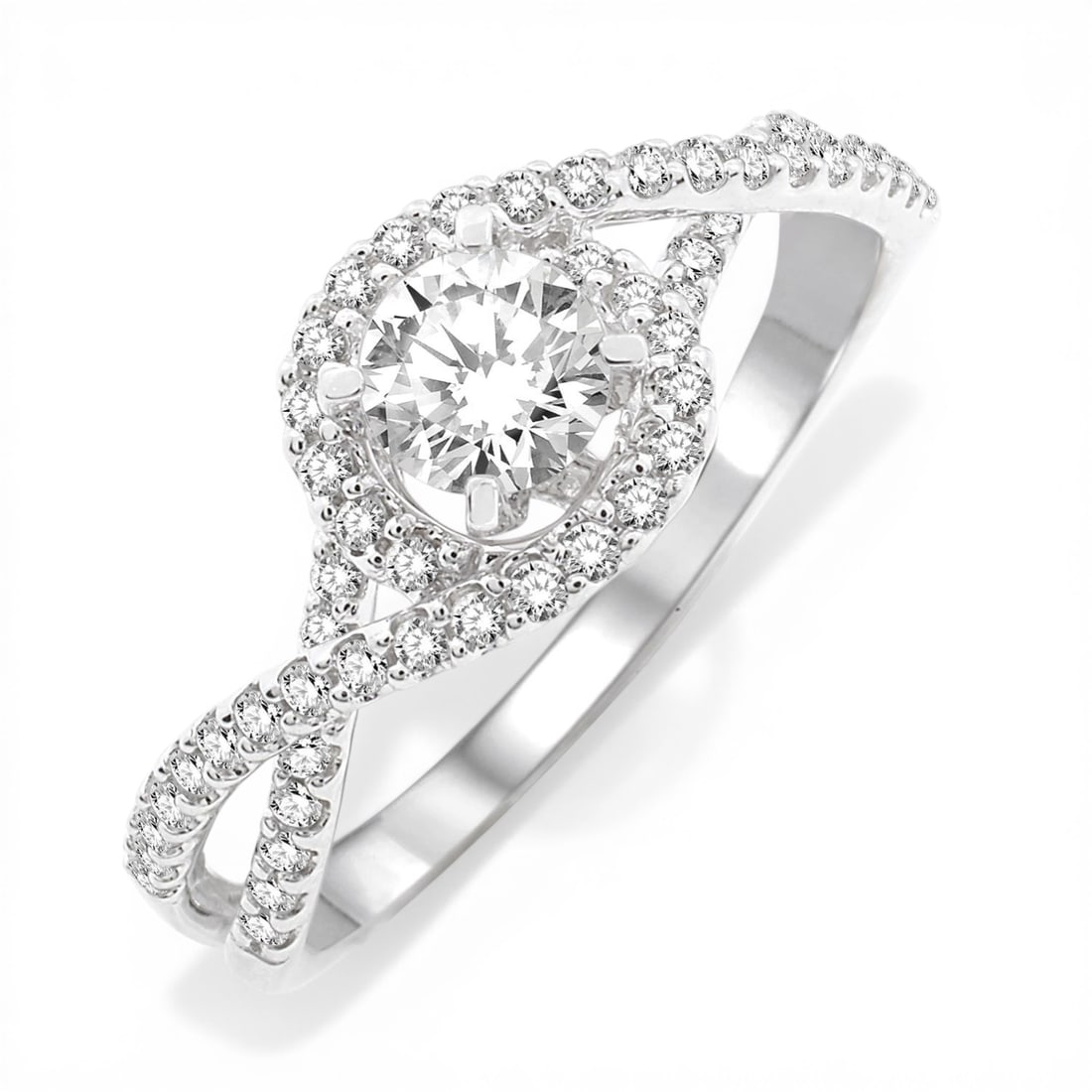 0.61 ctw Diamond Halo Swirl 14K White Gold Engagement Ring: An exquisite masterpiece of haute joaillerie, this magnificent Halo Swirl ring featuring Diamonds is a true treasure. Showcasing the gems in a Halo arrangement, the ring consists of 2.35 grams of 14K 
