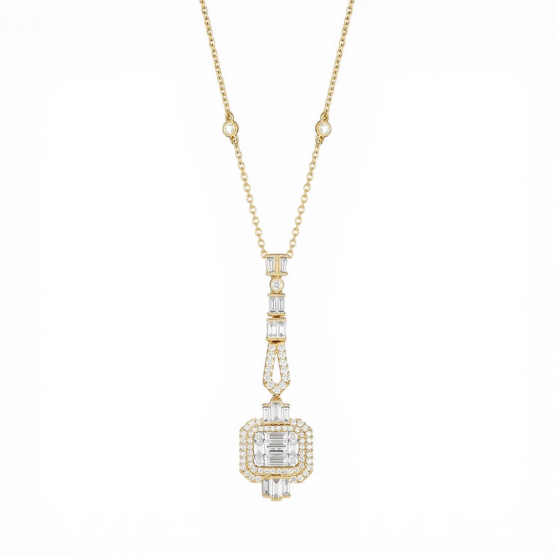 1.99 ctw Art Deco Diamond Baguette 18K Yellow & White Gold Pendant Necklace: An exquisite masterpiece of haute joaillerie, this magnificent Art Deco necklace featuring White Diamond is a true treasure. A detailed Halo gallery secures the stones, rendered in 4.85 grams of lustr