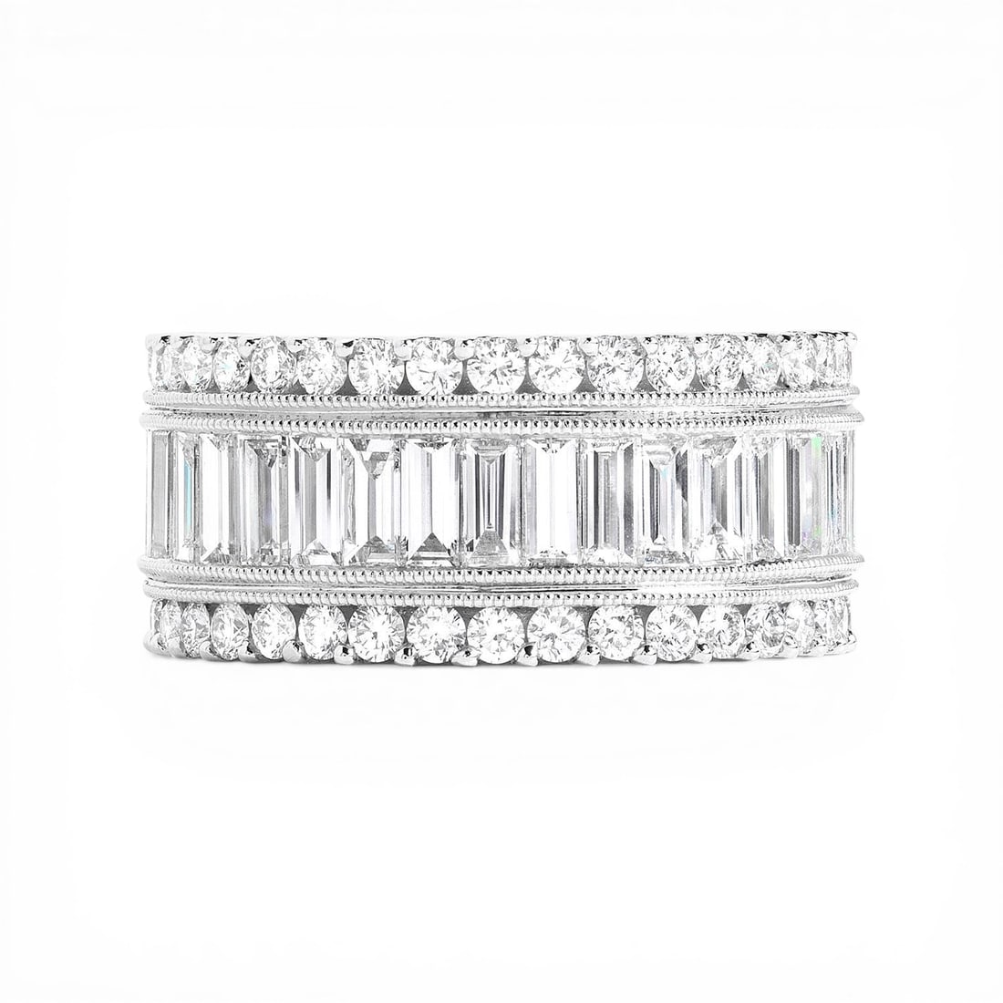 3.38 ctw Baguette and Round Diamond Midjourney 18K White Gold Band Ring: A testament to superior craftsmanship, this magnificent Midjourney ring featuring Natural Diamonds is unparalleled. A detailed Band gallery secures the stones, rendered in 9.9 grams of lustrous 18K Wh