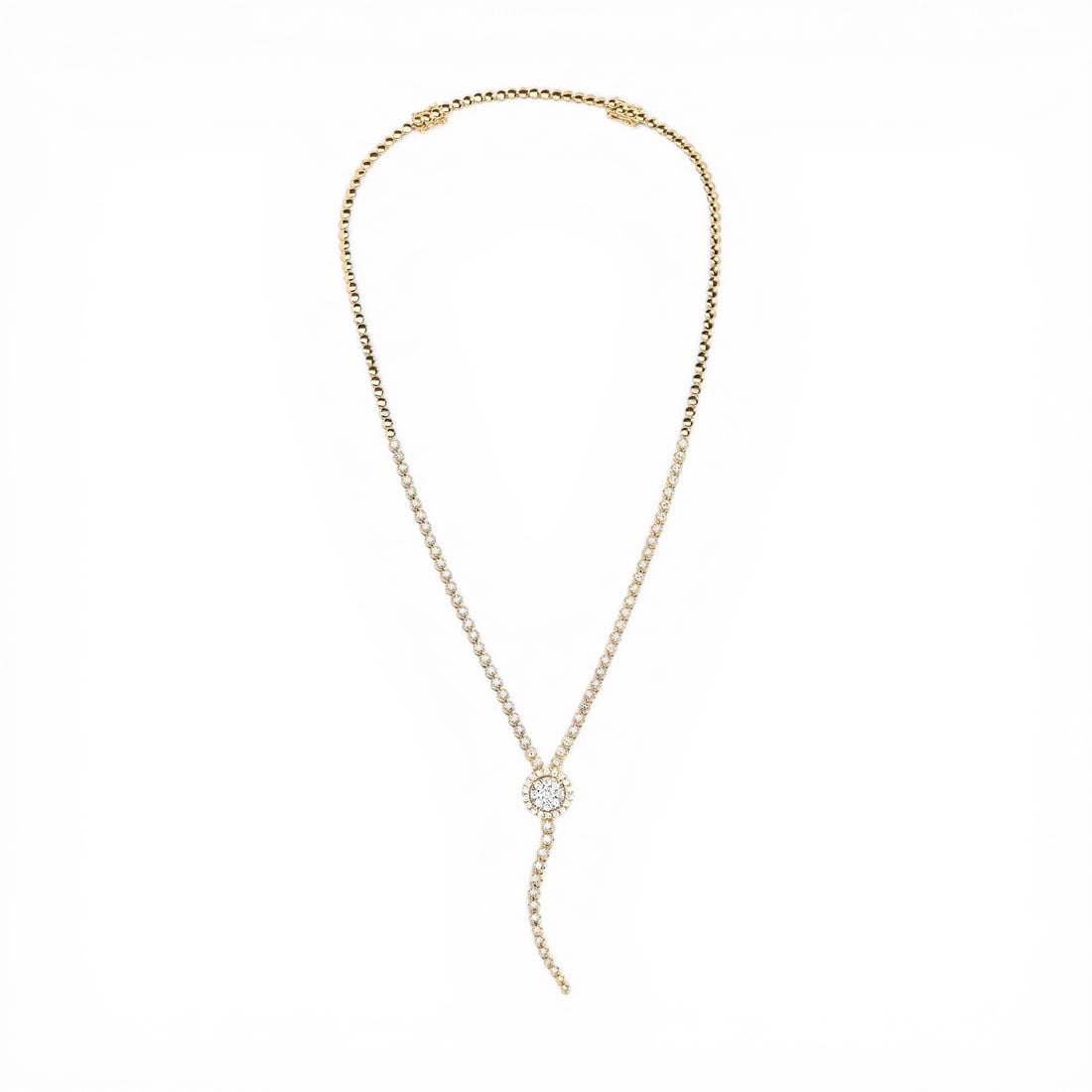 4.44 ctw Fiori Cluster White Diamond 18k Yellow & White Gold Lariat Necklace: A vision of luxury, this exquisite Fiori Cluster necklace featuring White Diamond defines sophistication. Securely held in a classic Halo design, the necklace is forged from 26.2 grams of high-polish 