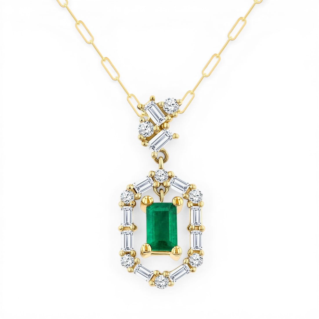 5x3mm Emerald and 0.30 ctw Diamond 14K Yellow Gold Pendant: Timeless and sophisticated, this elegant Geometric Halo pendant featuring Emerald, White Diamond radiates enduring beauty. The gemstones are nestled within a Geometric Halo framework, supported by a s