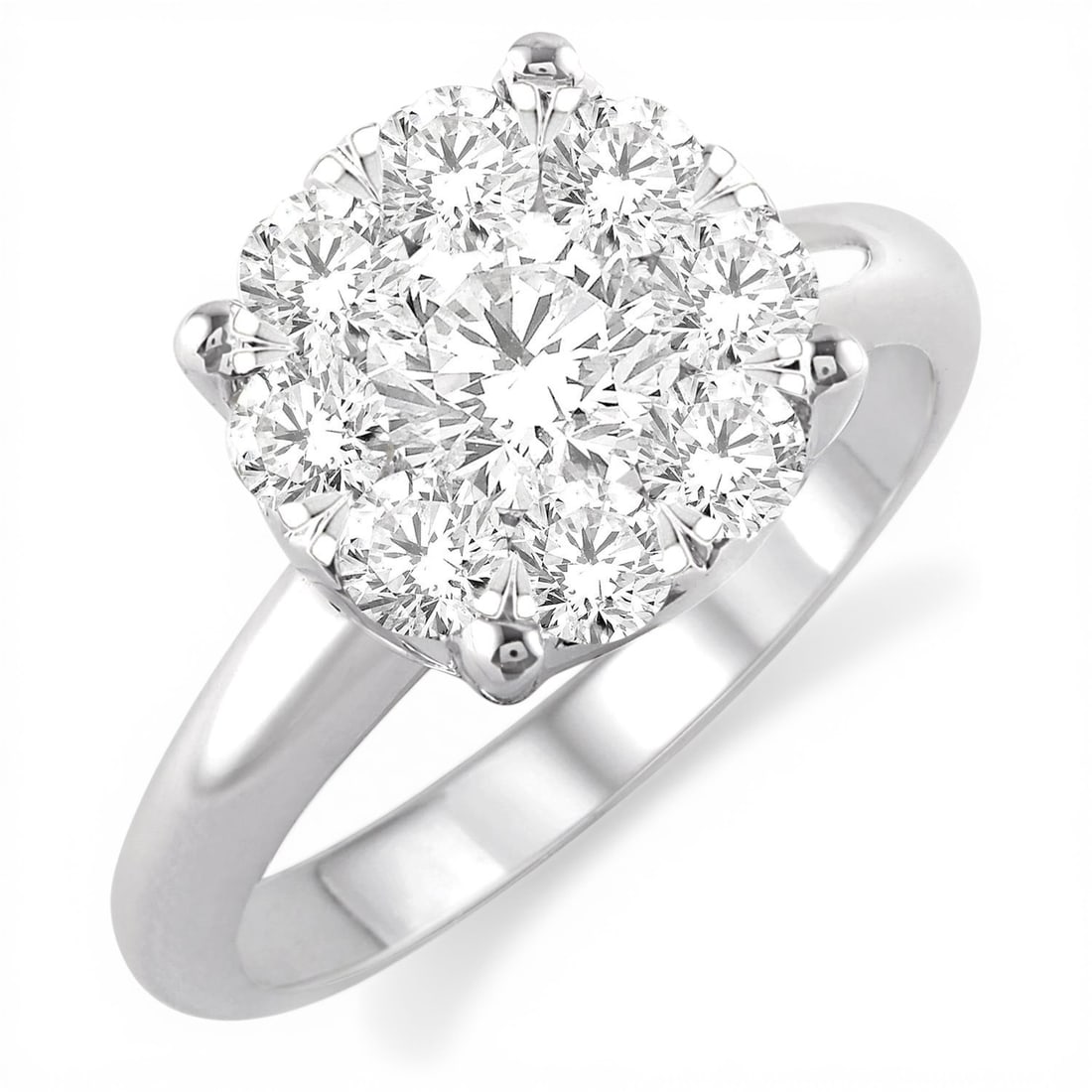2.00 ctw Cluster Diamond Lovebright 14K White Gold Ring: Epitomizing grandeur, this breathtaking Cluster ring featuring White Diamond stands as a beacon of refined taste. Showcasing the gems in a Cluster arrangement, the ring consists of 5.5 g of 14K White 