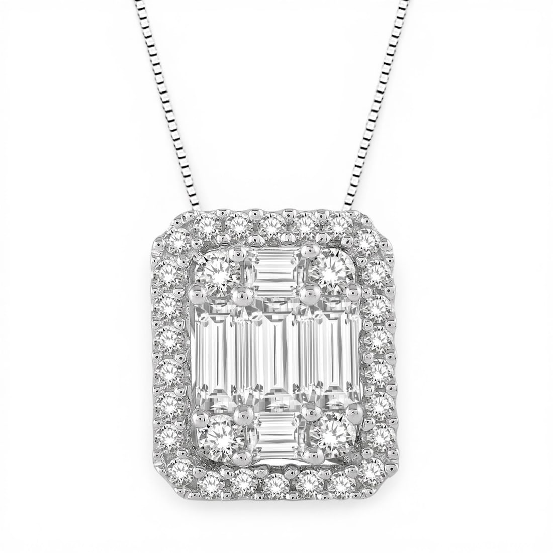 0.75 ctw Baguette & Round Diamond 14k White Gold Pendant: A symphony of light and color, this stunning Octagonal pendant featuring White Diamond embodies the pinnacle of luxury. Expertly mounted in a Halo setting, the pendant is crafted in 1.7 grams of solid