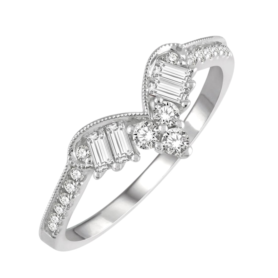 0.40 ctw Diamond Chevron Wedding Band 14K White Gold Ring: Captured in a moment of brilliance, this elegant Chevron ring featuring Natural Diamonds speaks to the connoisseur. Expertly mounted in a Chevron setting, the ring is crafted in 1.8 grams of solid 14K