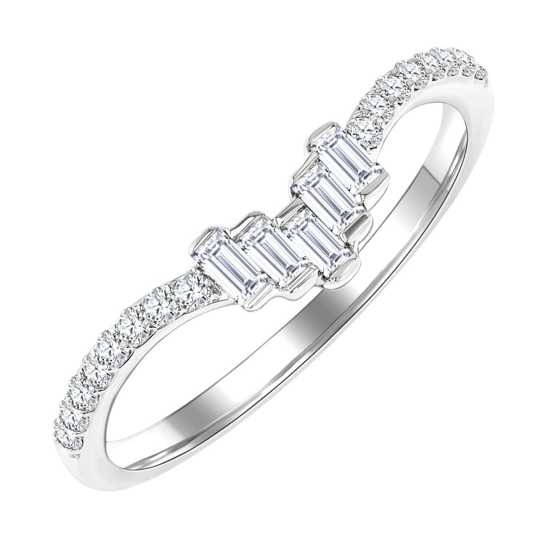 0.26 ctw Baguette & Round Diamond 14K White Gold Band Ring: Epitomizing grandeur, this exquisite Chevron Centerpiece band ring featuring White Diamond stands as a beacon of refined taste. Crafted with precision, the Contour/Chevron Band setting is seamlessly i