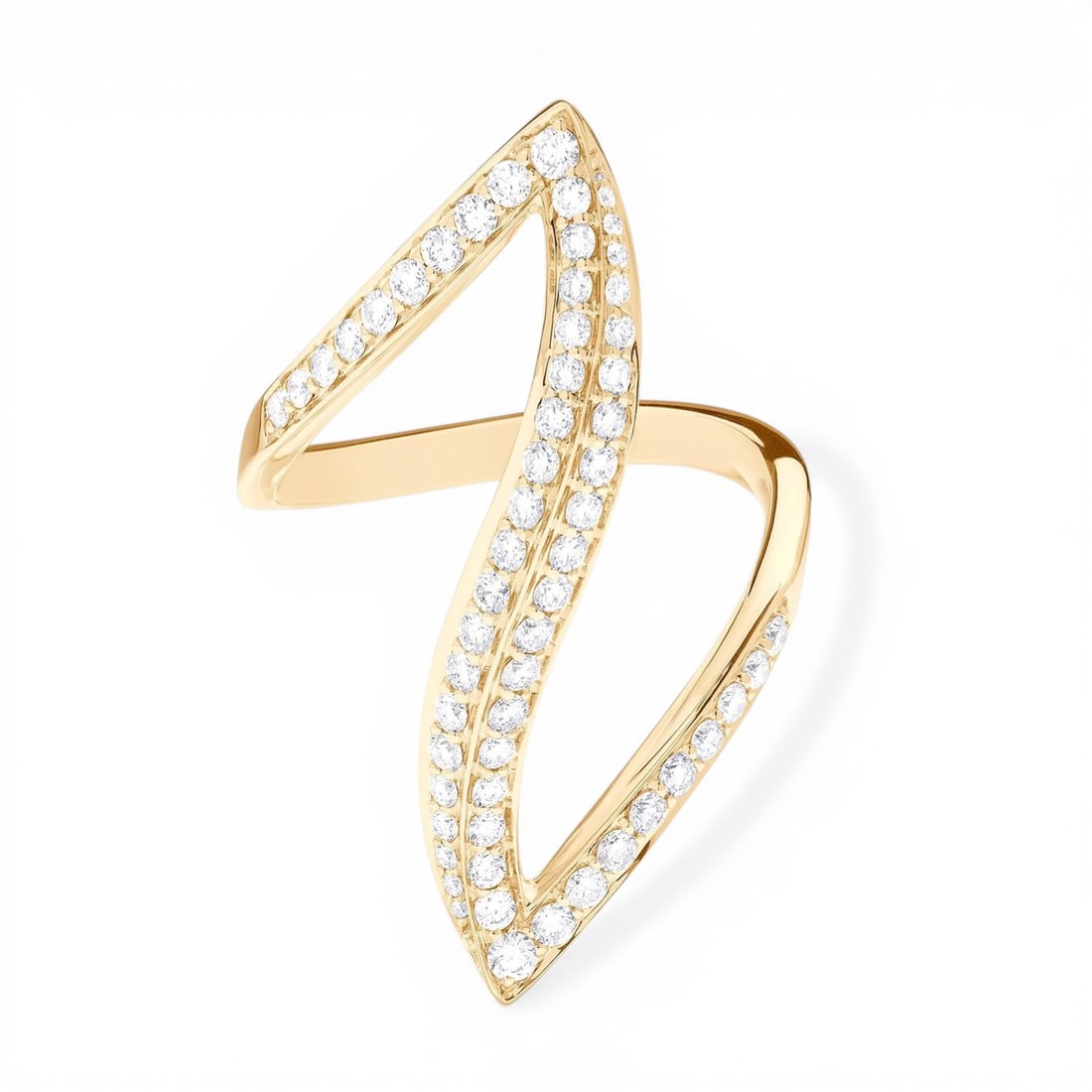 0.77 ctw Pave Diamond Duchess Curve 18K Yellow Gold Ring: Defining modern elegance, this stunning Duchess Curve ring featuring White Diamond captures the essence of style. The gemstones are nestled within a Bypass framework, supported by a substantial 5.9 gr