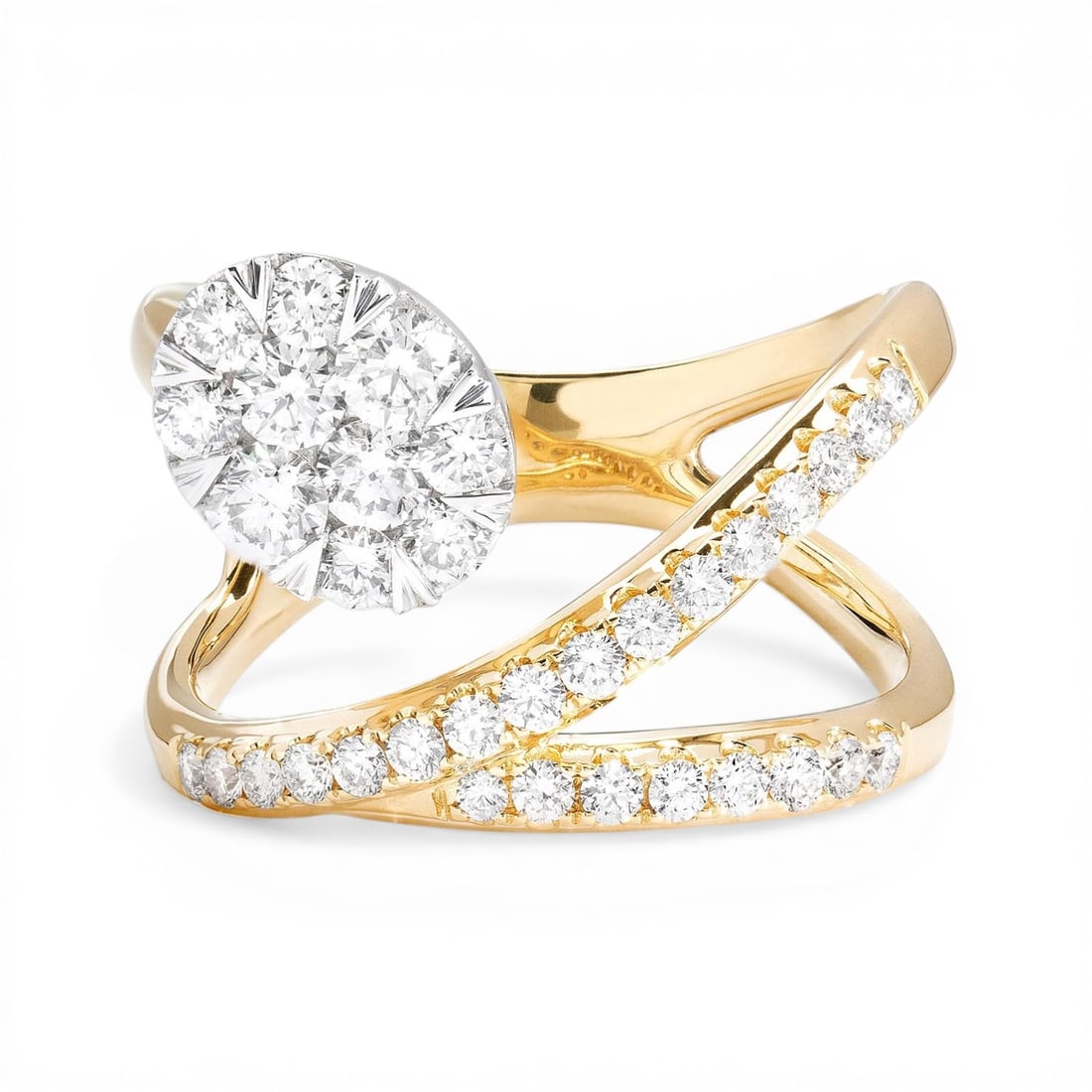 1.11 ctw Fiori Ethereal Cluster Diamond 18K Yellow & White Gold Ring: Epitomizing grandeur, this breathtaking Fiori Ethereal Fashion Cluster ring featuring White Diamond stands as a beacon of refined taste. A detailed Cluster gallery secures the stones, rendered in 7.5 