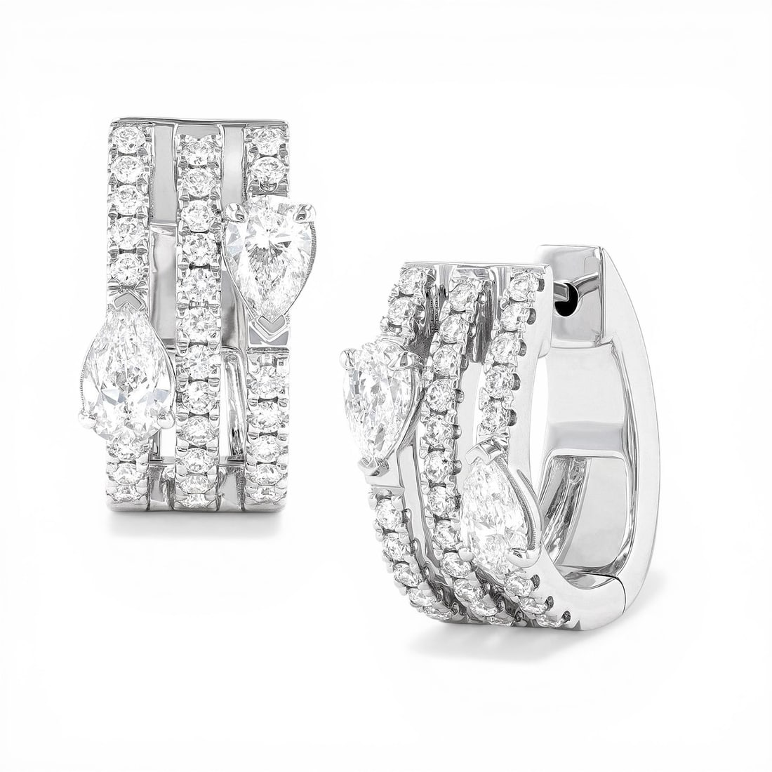 1.26 ctw Pear & Round Diamond 3-Row Paradox 18K White Gold Hoop Earrings: Captured in a moment of brilliance, this exquisite 3-Row Hoop pair of earrings featuring Natural White Diamonds speaks to the connoisseur. The gemstones are nestled within a Hoop framework, supported 