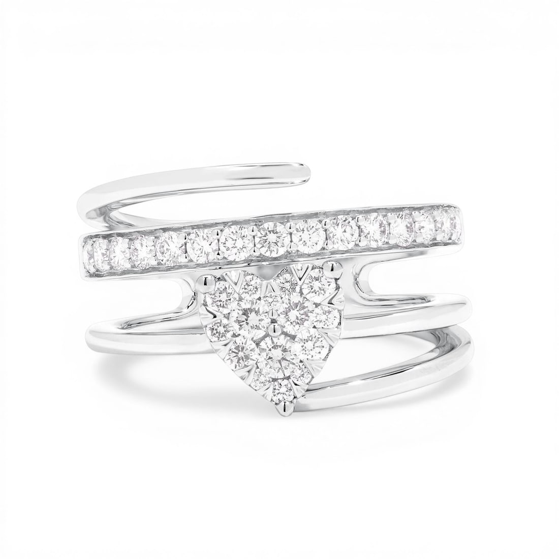 0.65 ctw White Diamond Fiori Heart Cluster 18K White Gold Ring: Exuding opulence and grace, this magnificent Fiori Heart Intertwined Cluster ring featuring White Diamond is crafted for the distinguished. A detailed Cluster gallery secures the stones, rendered in 8
