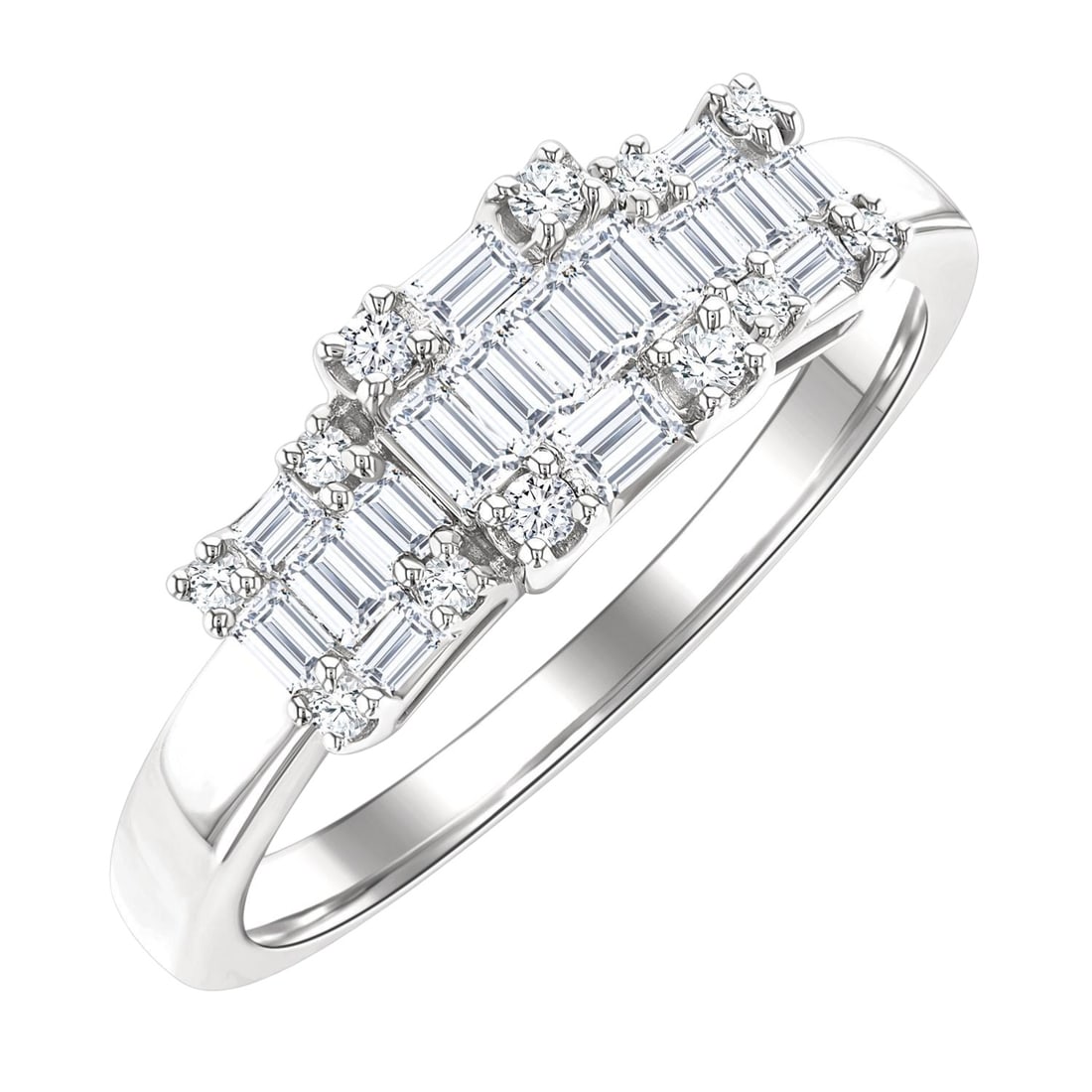 0.54 ctw Baguette and Round Cut Diamond Fusion 14K White Gold Ring: A vision of luxury, this magnificent Fusion ring featuring Natural Diamonds defines sophistication. The gemstones are nestled within a Three-Stone Cluster framework, supported by a substantial 3.4 gra