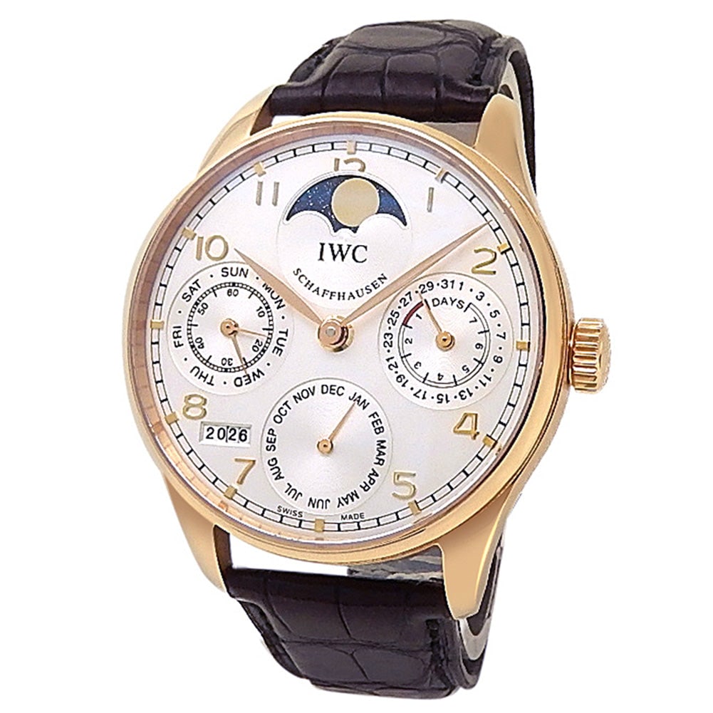 IWC Portugieser Perpetual Calendar IW502213 18k Rose Gold Silver Dial: The IWC Portugieser Perpetual Calendar, Reference IW502213, is a masterwork of horological engineering and classical design. This timepiece is crafted in a warm 18k Rose Gold case, which provides a st