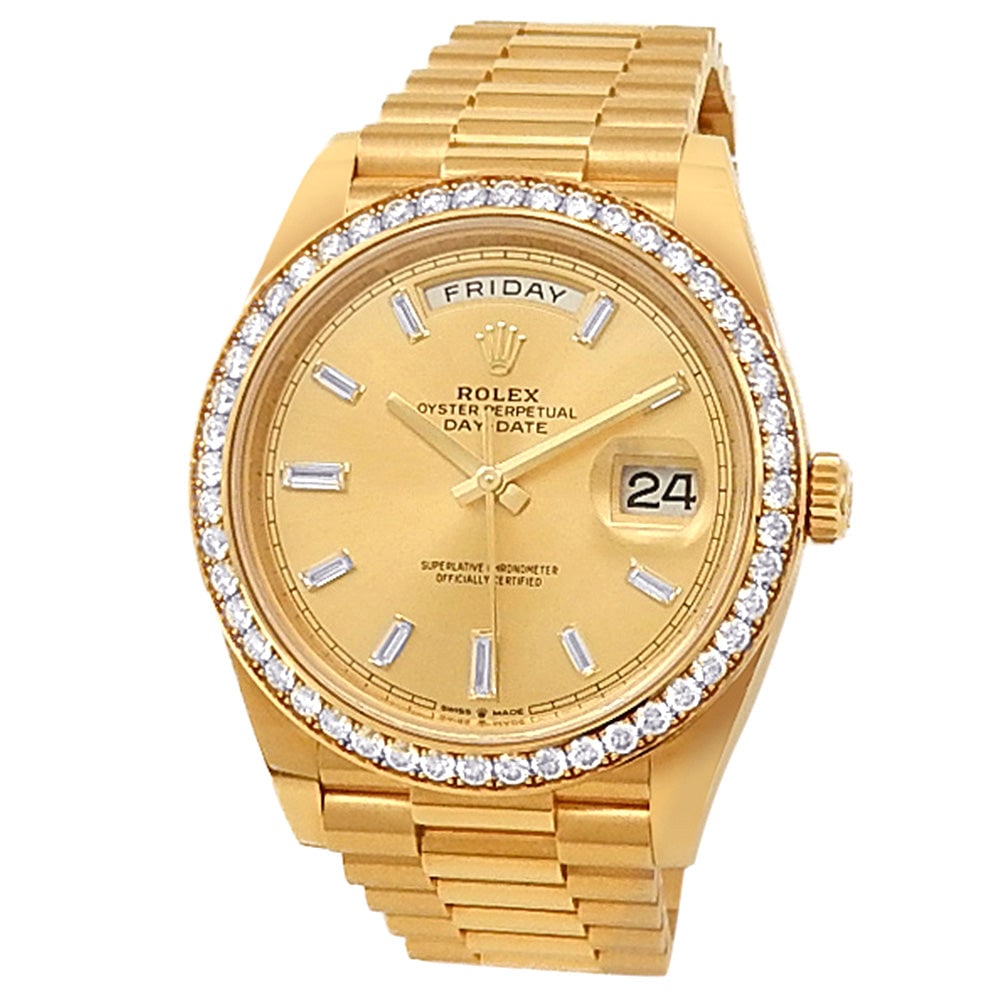 Rolex Day-Date 228348RBR 18k Yellow Gold Champagne Diamond Dial: The epitome of prestige, this Rolex Day-Date reference 228348RBR is a masterclass in horological luxury. Its 40mm case is meticulously crafted from 18k yellow gold, providing a warm and commanding pre