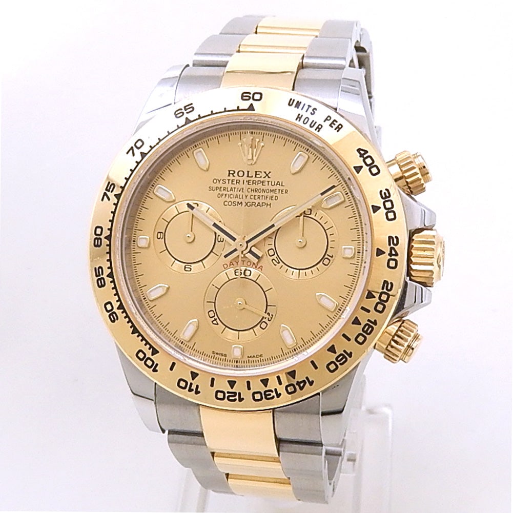 Rolex Daytona 116503 18k Yellow Gold & Stainless Steel Champagne Dial: The Rolex Daytona 116503 remains a definitive icon among luxury chronographs, seamlessly blending sport-performance with high-end elegance. This piece is presented in a two-tone construction of 18k ye