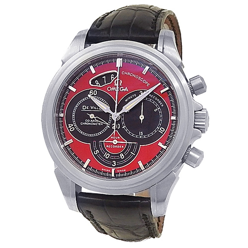 Omega De Ville Chronoscope 4851.61.31 Stainless Steel Red & Black Dial: The Omega De Ville Chronoscope 4851.61.31 represents a bold fusion of classical watchmaking and contemporary racing-inspired aesthetics. Encased in high-grade stainless steel, this timepiece features 