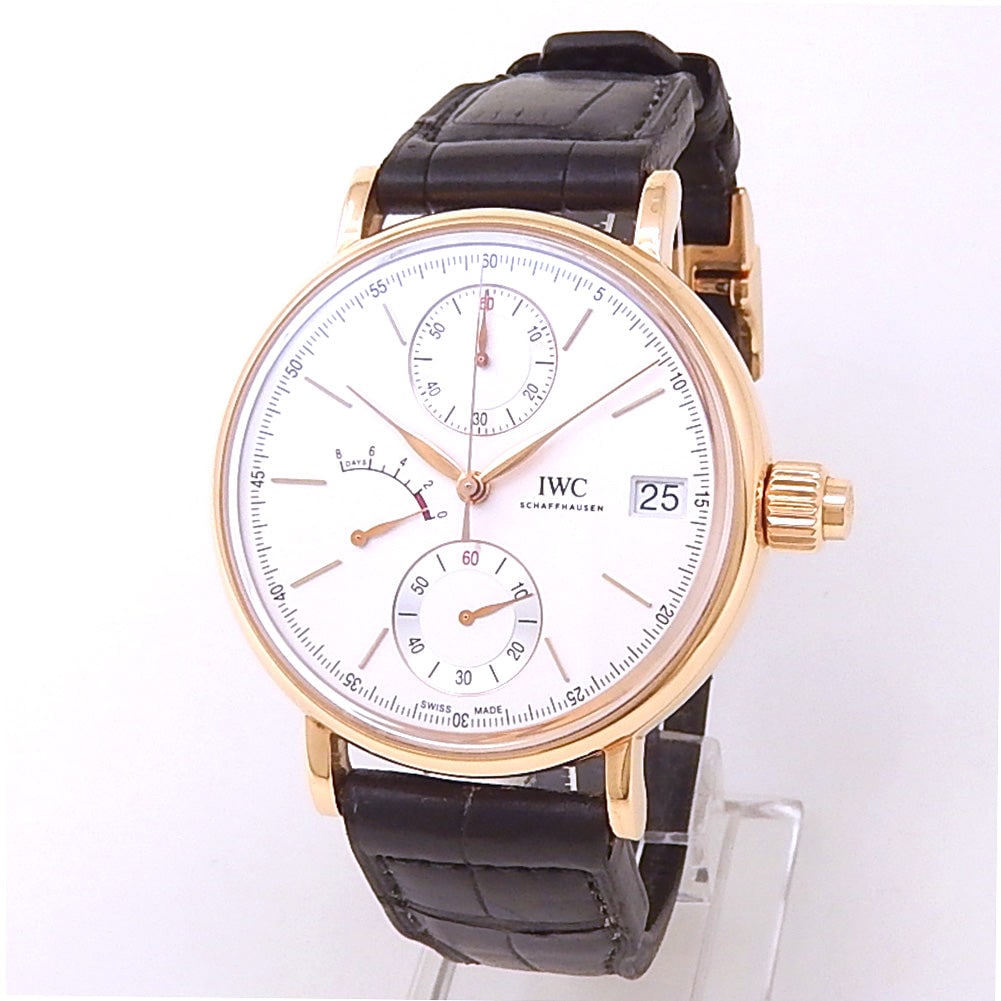 IWC Portofino Monopusher IW515104 18k Rose Gold Silver Dial: The IWC Portofino Monopusher IW515104 is a masterclass in horological elegance and technical ingenuity. Encased in lustrous 18k rose gold with a matching gold bezel, this timepiece features a refined 
