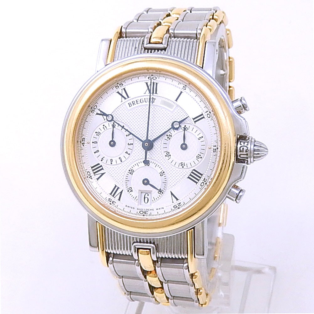 Breguet Marine Chronograph 3460 18k Yellow Gold Steel Silver Dial: The Breguet Marine Chronograph, Reference 3460, represents a quintessential blend of maritime heritage and haute horlogerie. This elegant timepiece is masterfully constructed from 18k Yellow Gold & St