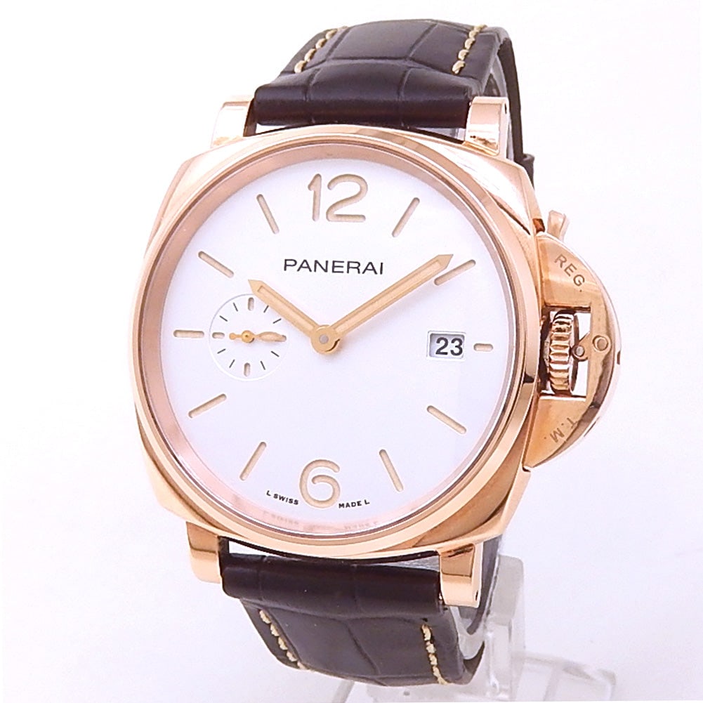 Panerai Luminor Due PAM01336 18k Rose Gold Goldtech White Sun-Brushed Dial: The Panerai Luminor Due PAM01336 represents a sophisticated evolution of the brand's iconic silhouette, masterfully blending heritage with modern luxury. This timepiece features a striking case crafte
