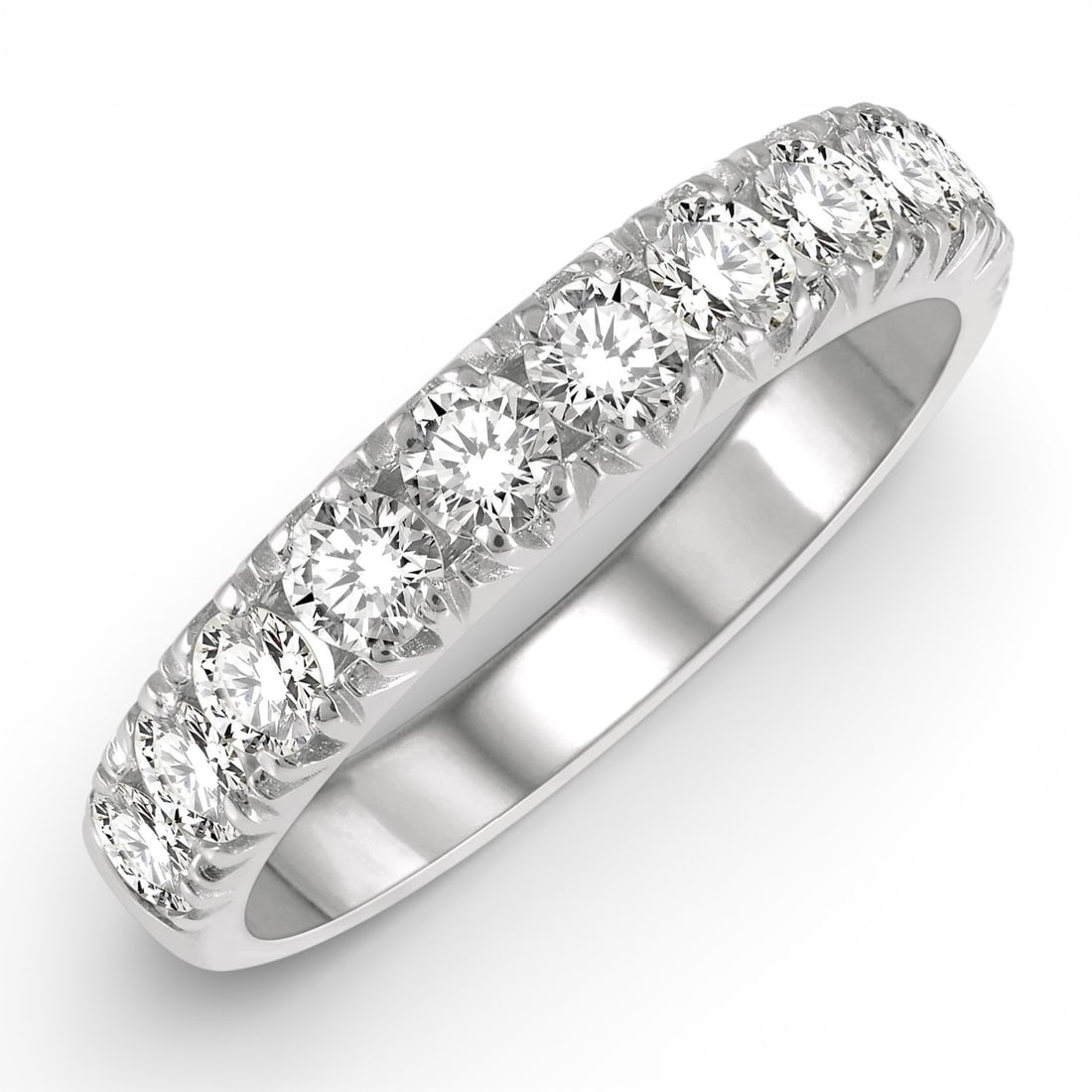 1.0 ctw Round Diamond 11-Stone Half-Eternity 14K White Gold Wedding Band: Timeless and sophisticated, this elegant Half-Eternity ring featuring White Diamond radiates enduring beauty. Expertly mounted in a Half-Eternity Band setting, the ring is crafted in 3.5 grams of soli