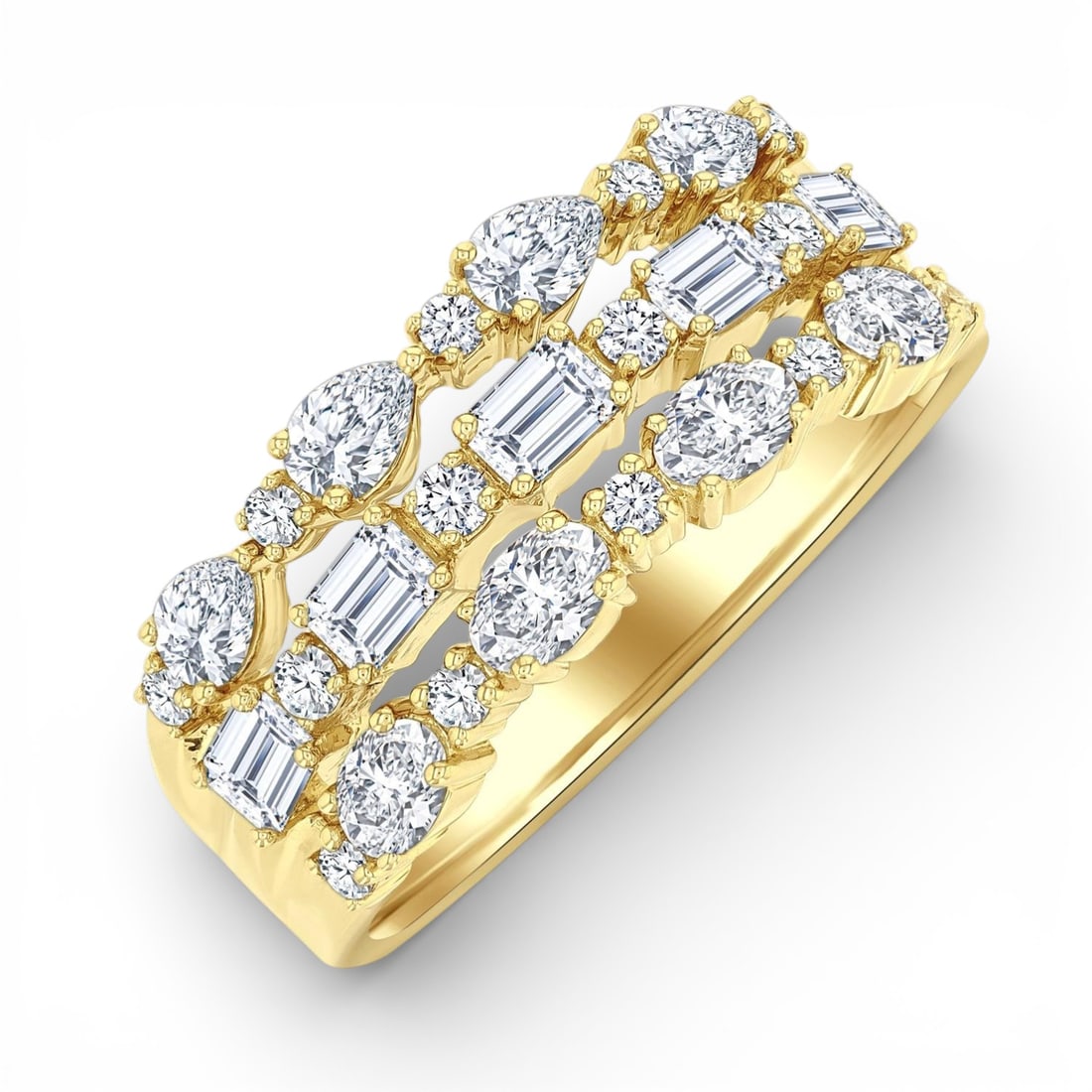 1.49 ctw Diamond Multi-Cut Triple Row 14K Yellow Gold Ring: A symphony of light and color, this breathtaking Triple Row ring featuring Natural Diamonds embodies the pinnacle of luxury. Expertly mounted in a Multi-Row Band setting, the ring is crafted in 5.1 gr