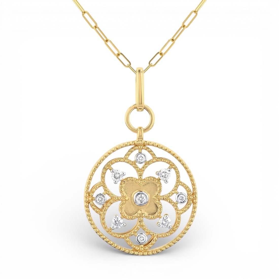 0.25 ctw White Diamond Circle Floral 14K Yellow Gold Pendant Necklace: Defining modern elegance, this elegant Circle Floral Carving pendant necklace featuring White Diamond captures the essence of style. Securely held in a classic Decorative Openwork design, the pendant 