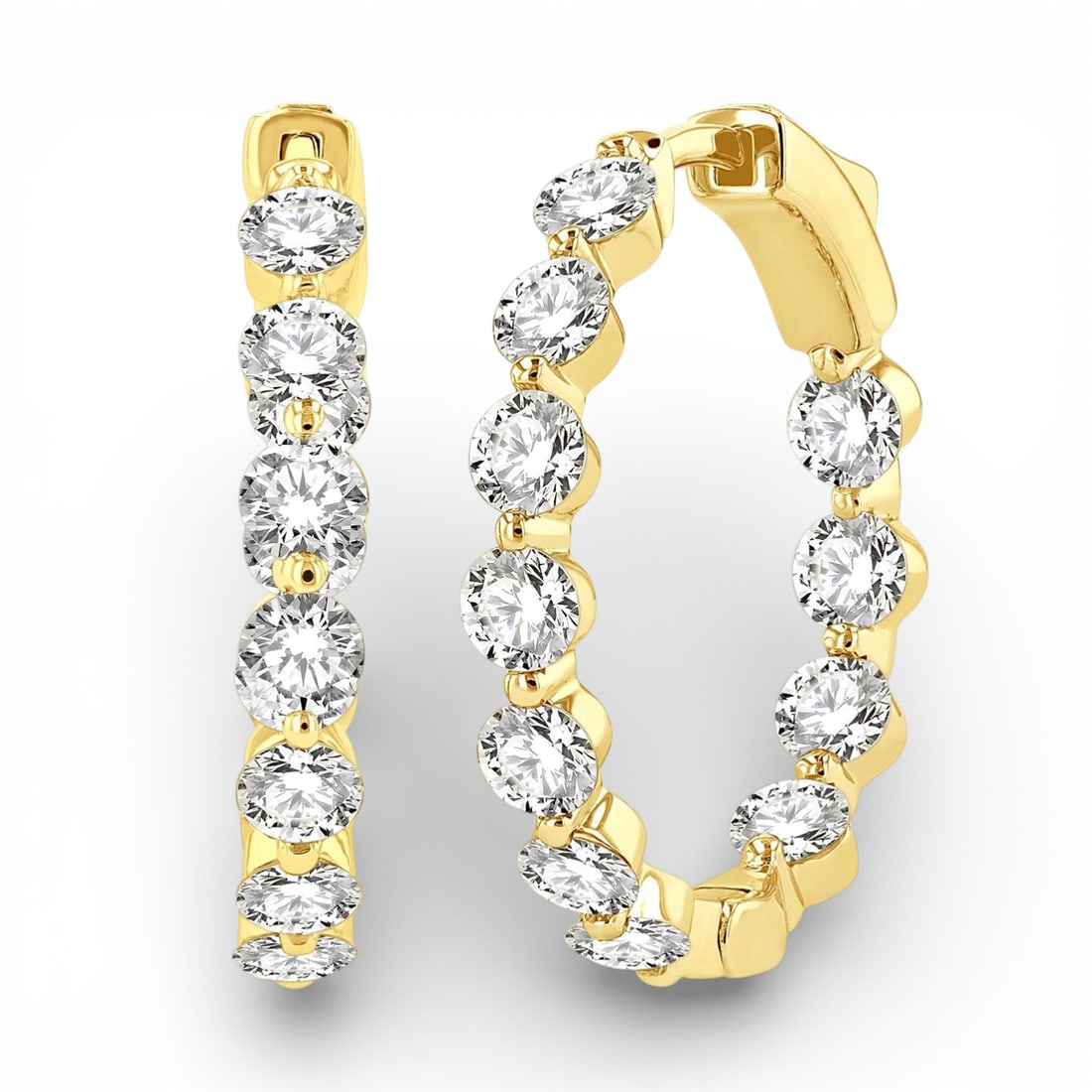 3.03 ctw White Diamond 14K Yellow Gold Hoop Earrings: Timeless and sophisticated, this elegant Inside-Out Single Prong Set pair of earrings featuring White Diamond radiates enduring beauty. The gemstones are nestled within a Hoop framework, supported by 