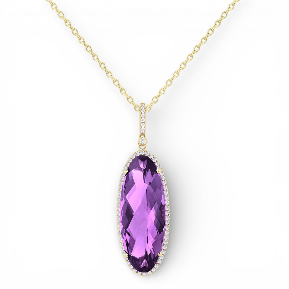 26x10mm Amethyst and 1/3 ctw Diamond 14K Yellow Gold Pendant: Timeless and sophisticated, this stunning Halo pendant featuring Amethyst, White Diamond radiates enduring beauty. Securely held in a classic Halo design, the pendant is forged from 2.5 grams of high-