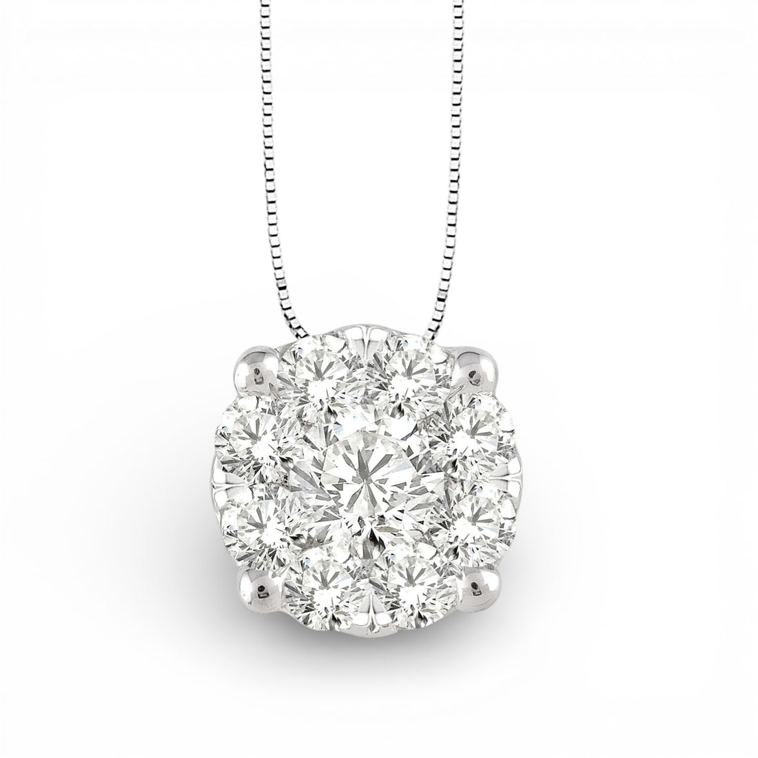 0.26 ctw Cluster Diamond 14K White Gold Pendant: An exquisite masterpiece of haute joaillerie, this stunning Cluster pendant featuring White Diamond is a true treasure. A detailed Cluster gallery secures the stones, rendered in 0.5 grams of lustrous