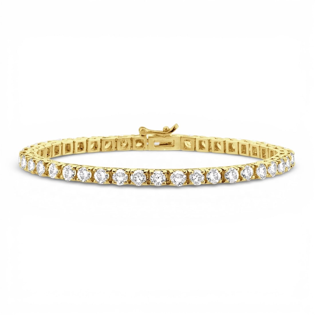 10.0 ctw Diamond Square Shape 14K Yellow Gold Tennis Bracelet: A symphony of light and color, this breathtaking Square Shape bracelet featuring Natural Diamonds embodies the pinnacle of luxury. Expertly mounted in a Line setting, the bracelet is crafted in 18.25 