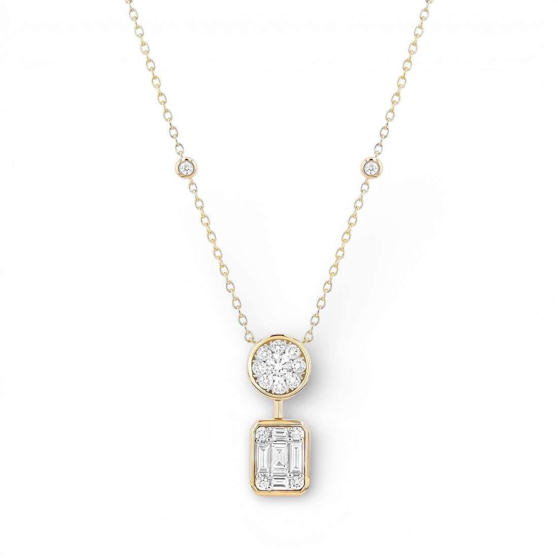 1.16 ctw White Diamond 18K Yellow & White Gold Pendant Necklace: Defining modern elegance, this elegant Drop Cluster pendant necklace featuring White Diamond captures the essence of style. Expertly mounted in a Drop Cluster setting, the pendant necklace is crafted 