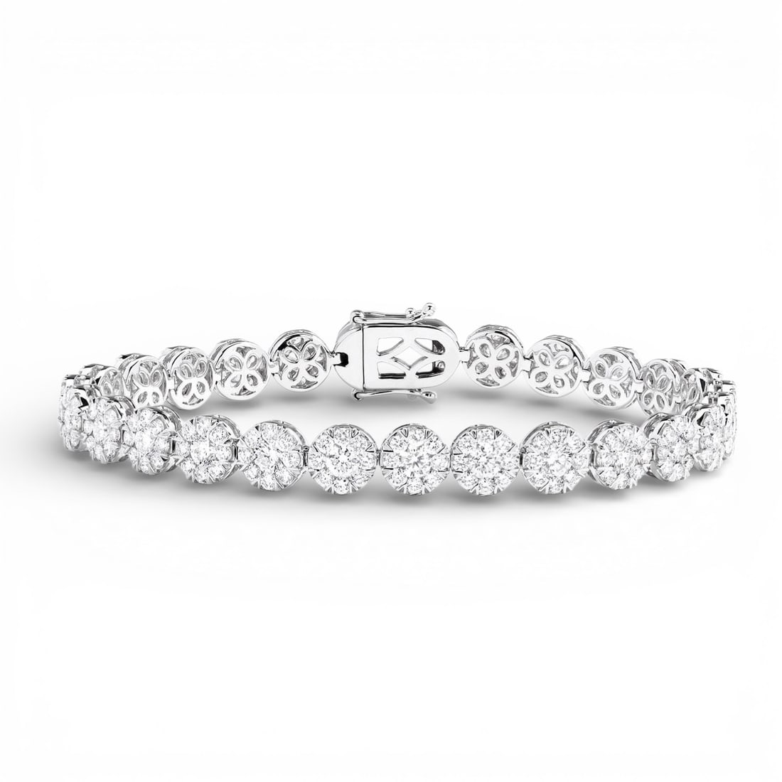 7.44 ctw Diamond 18K White Gold Tennis Bracelet: Timeless and sophisticated, this elegant Round Tennis bracelet featuring White Diamond radiates enduring beauty. Expertly mounted in a Linked Cluster Setting setting, the bracelet is crafted in 16.45 