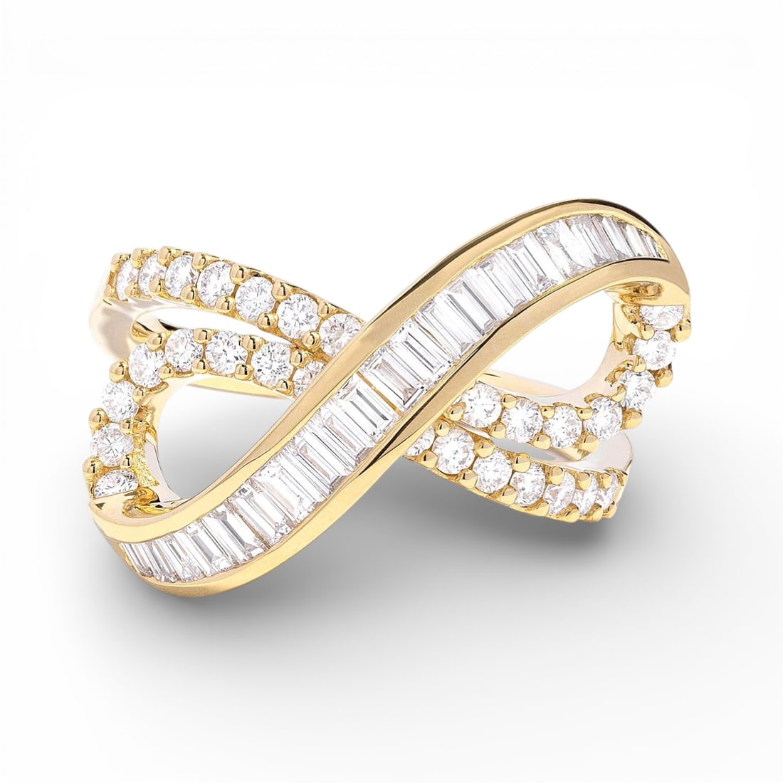 1.05 ctw White Diamond Infinity 18K Yellow Gold Ring: Rare and radiant, this elegant Infinity ring featuring White Diamond offers a touch of the extraordinary. A detailed Crossover gallery secures the stones, rendered in 5.2 grams of lustrous 18K Yellow 