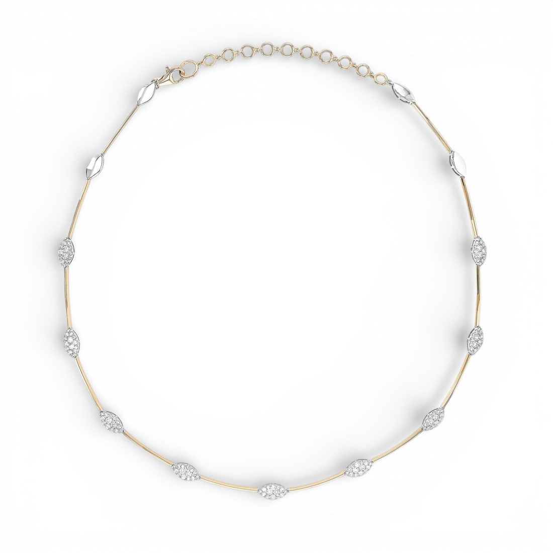 2.36 ctw Diamond Fiori Marquise Bar Cluster 18K Yellow & White Gold Necklace: A symphony of light and color, this breathtaking Fiori Marquise Bar Cluster necklace featuring Natural Diamonds embodies the pinnacle of luxury. Securely held in a classic Pave Cluster design, the nec