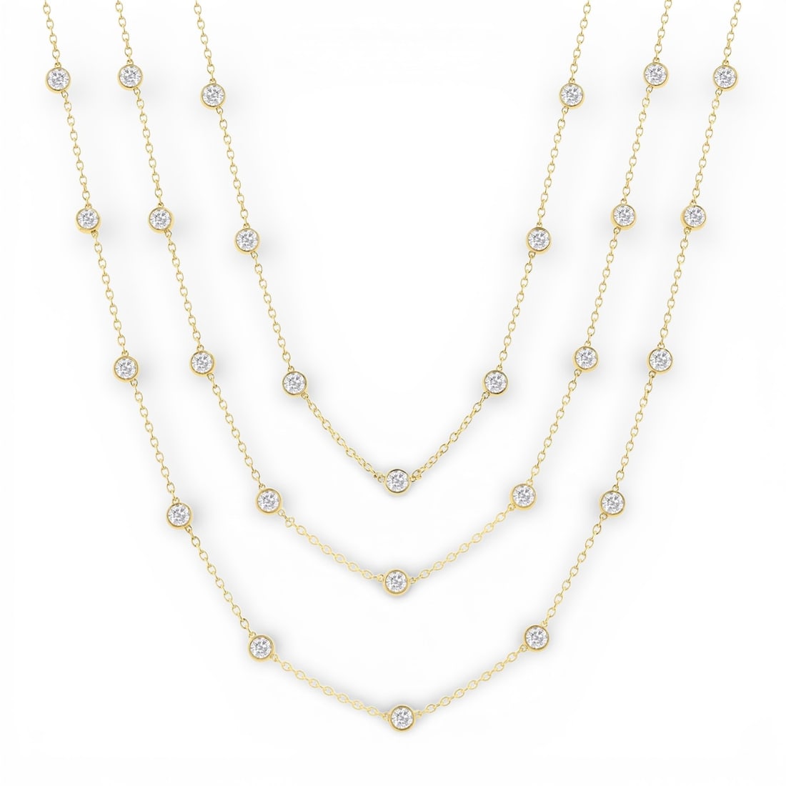 10.05 ctw White Diamond Bezel Station 60-inch 14K Yellow Gold Necklace: Captured in a moment of brilliance, this breathtaking Bezel Set necklace featuring White Diamonds speaks to the connoisseur. The gemstones are nestled within a Station framework, supported by a substa